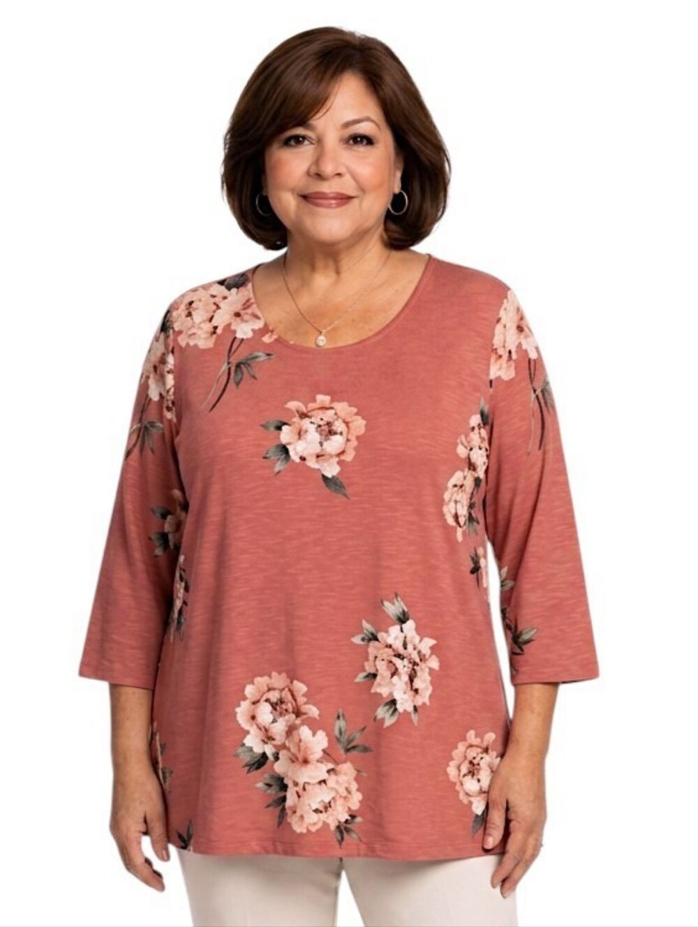 CJ Banks Dusty Coral Floral Scoop Neck 3/4 Sleeve Top Size 2X